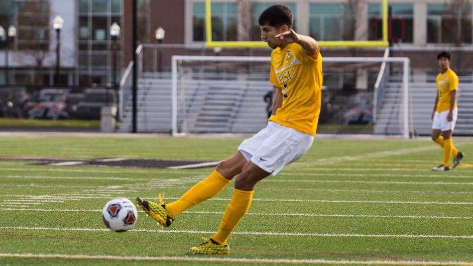 FHSU;s Antonio DeLaTorre attempts a shot in Saturday's NCAA quarterfinals in Indianapolis (Courtesy&nbsp; Jacob Walton UIndy Athletics).