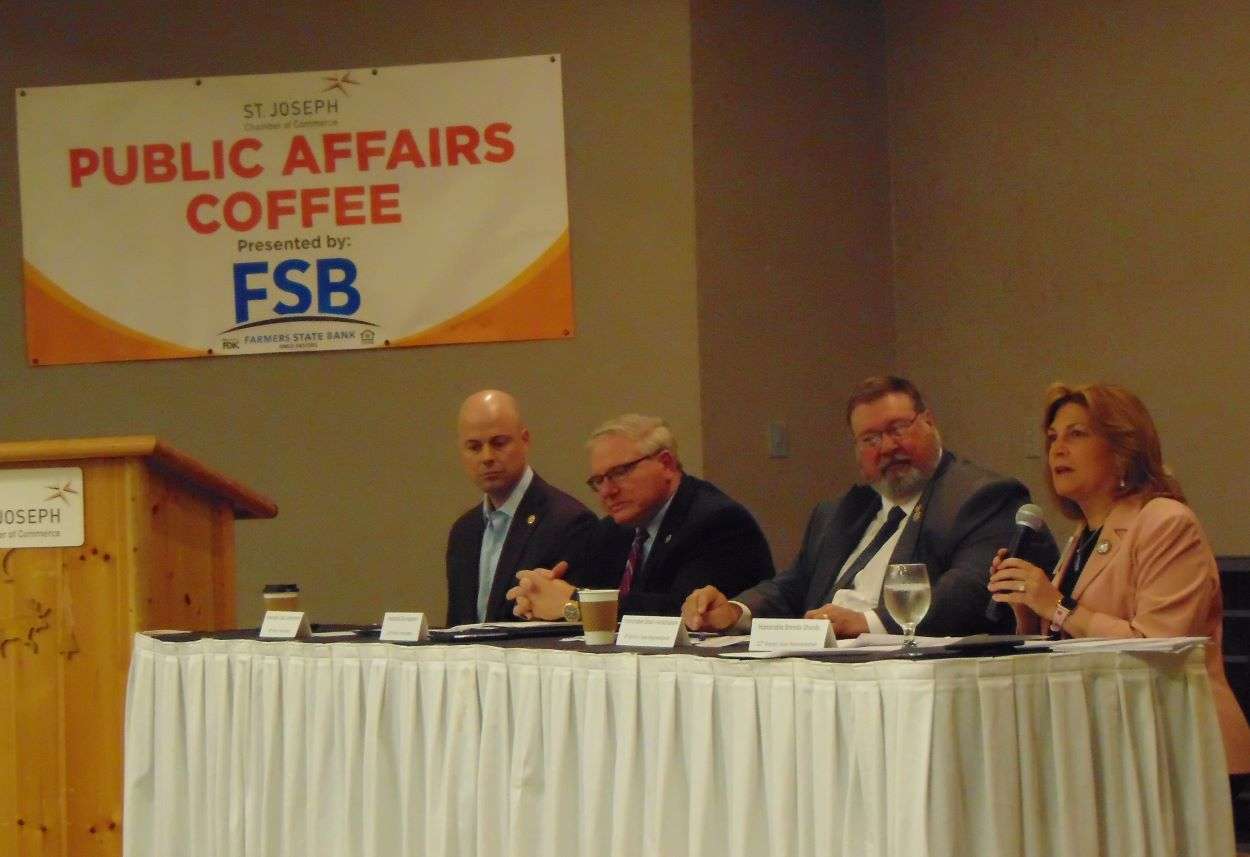State Sen. Dan Hegeman (2nd from left) listens as Rep. Brenda Shields addresses a St. Joseph Chamber of Commerce Public Affairs Coffee/file Photo