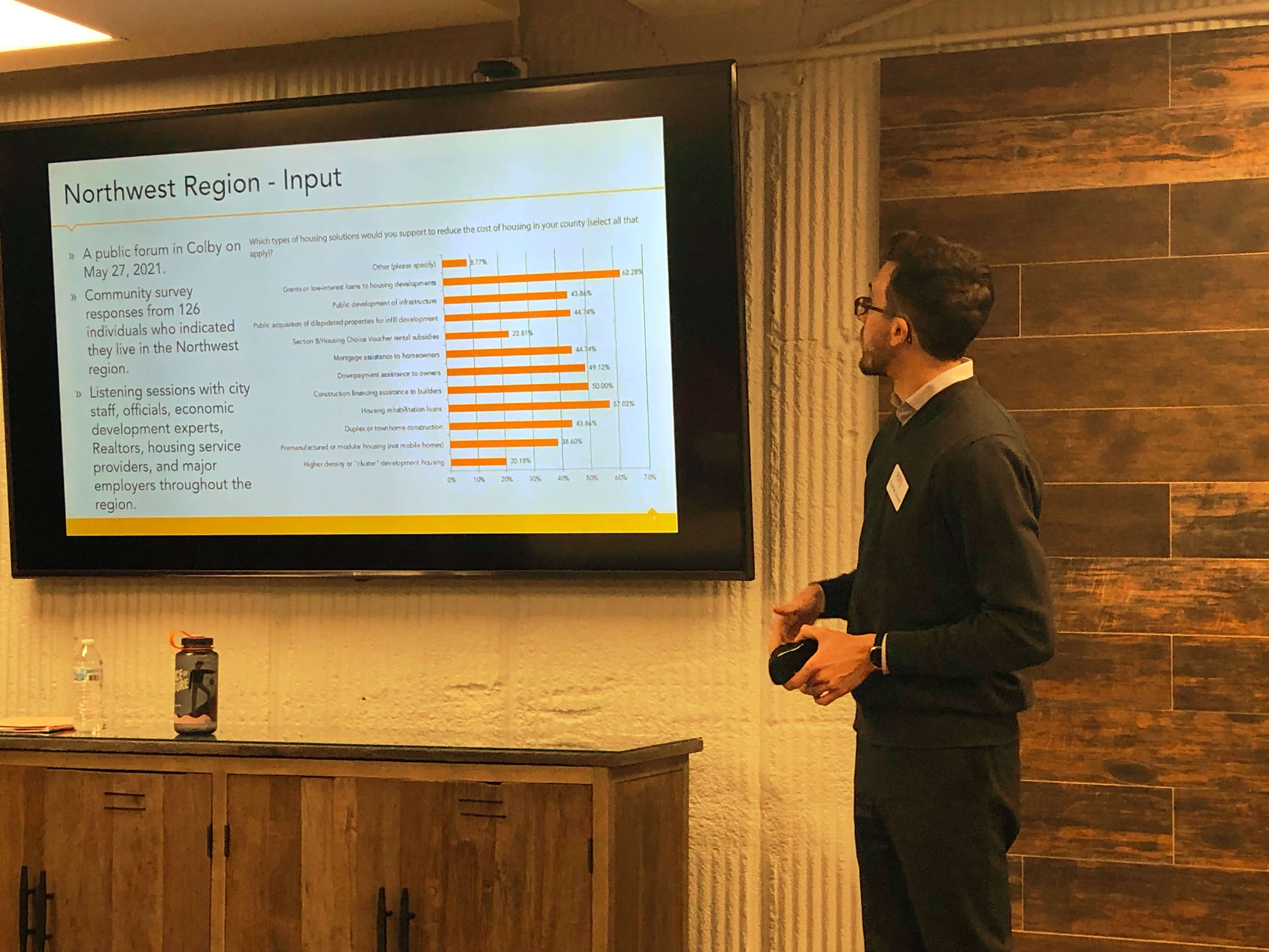 Charlie Cowell, partner RDG Planning &amp; Design, discusses a statewide housing survey in Hays on Tuesday.<br>