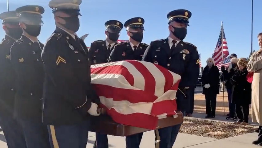 Casket arrives at St. Mary Queen of Angels Catholic Church in Russell on Saturday -photo courtesy KWCH&nbsp;