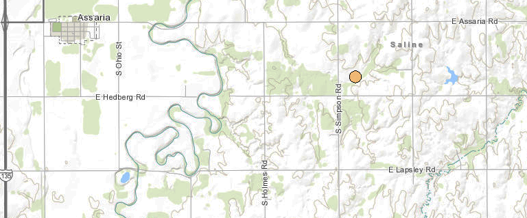 <b>The 12:38 a.m. Tuesday, 2.2 magnitude earthquake. </b>Maps courtesy Kansas Geological Survey
