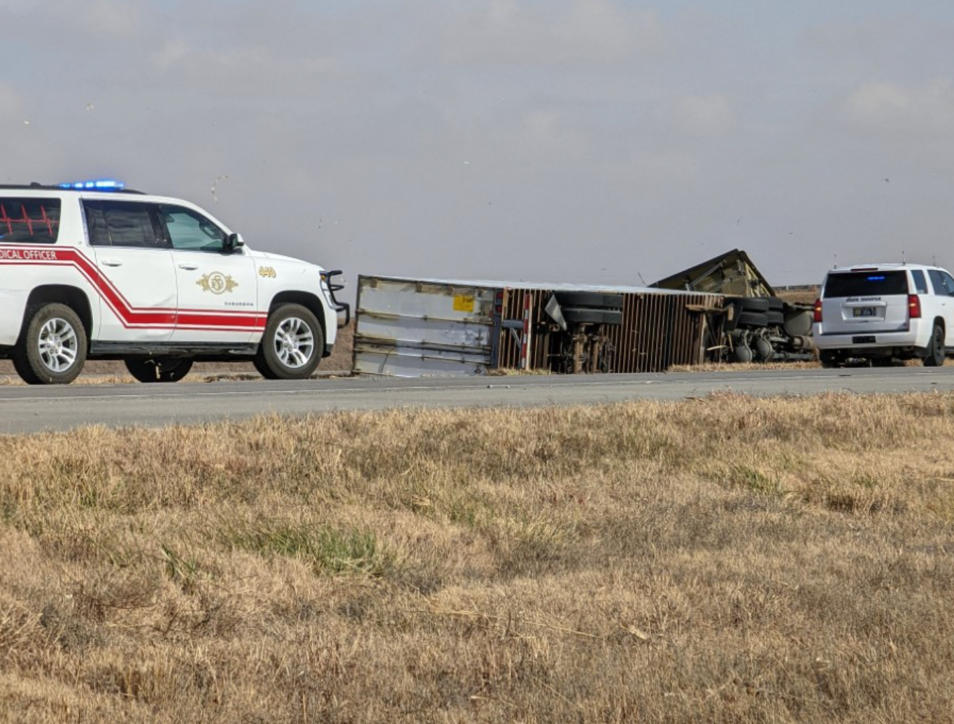 Wind blew over a semi Wednesday morning on I-70 -Photo by Jerry Hinrikus
