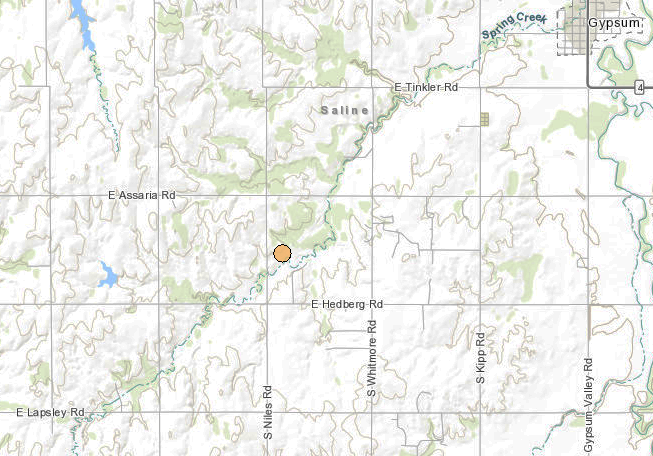 <b>The 9:21 a.m. Saturday, 2.9 magnitude quake.</b>&nbsp;Map courtesy Kansas Geological Survey&nbsp;&nbsp;