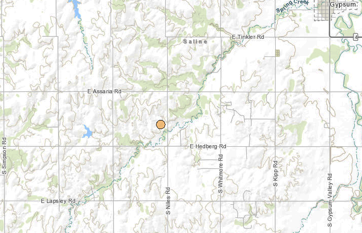 <b>The 12:04 p.m., 2.0 magnitude quake. </b>Map courtesy Kansas Geological Survey