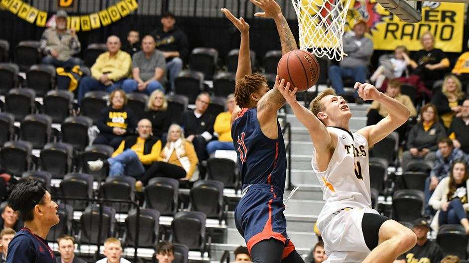 FHSU's Jared Vitztum goes in for a layup vs. Newman Sunday at Gross Memorial Coliseum (Courtesy FHSYU Athletics, Nicole Heitmann)