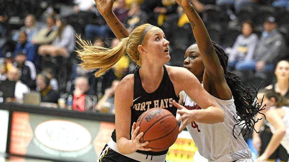 FHSU's Olivia Hollenbeck goes in for a basket vs. Newman Sunday afternoon at Gross Memorial Coliseum. (Courtesy FHSU Athletics, Nicile Heitmann)