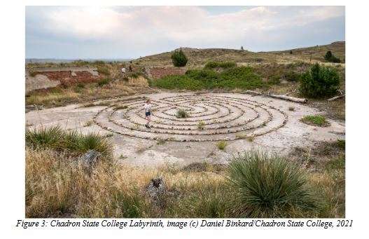 A photo accompanying a case study of the Chadron State College labyrinth featured in a recently published online international index of Permanent and Landscaped Labyrinths in Universities and Colleges by Jan Sellers. CSC Art Professor Mary Donahue and her students worked with retired Instructional Designer Elizabeth Ledbetter, Grounds Supervisor Lucinda Mays and others to plan, design, and construct the labyrinth. (Courtesy image, used with permission)