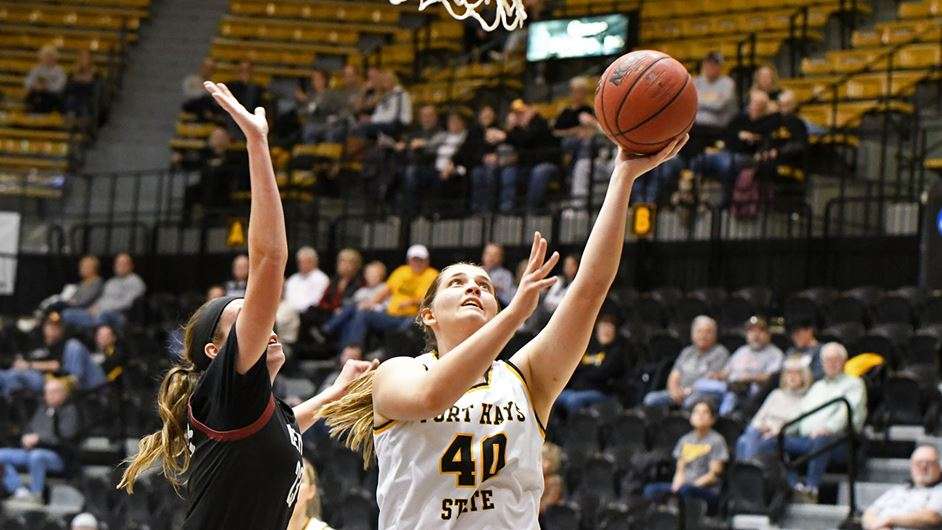 FHSU's Jessie Sallach attempts a shot Monday vs. Bethel College) Courtesy FHSU Athletics, Nicole Heitmann)
