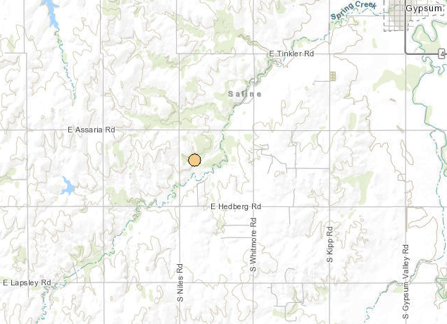 <b>The 7:50 p.m. Tuesday, 2.0 magnitude quake.</b> Map courtesy Kansas Geological Survey