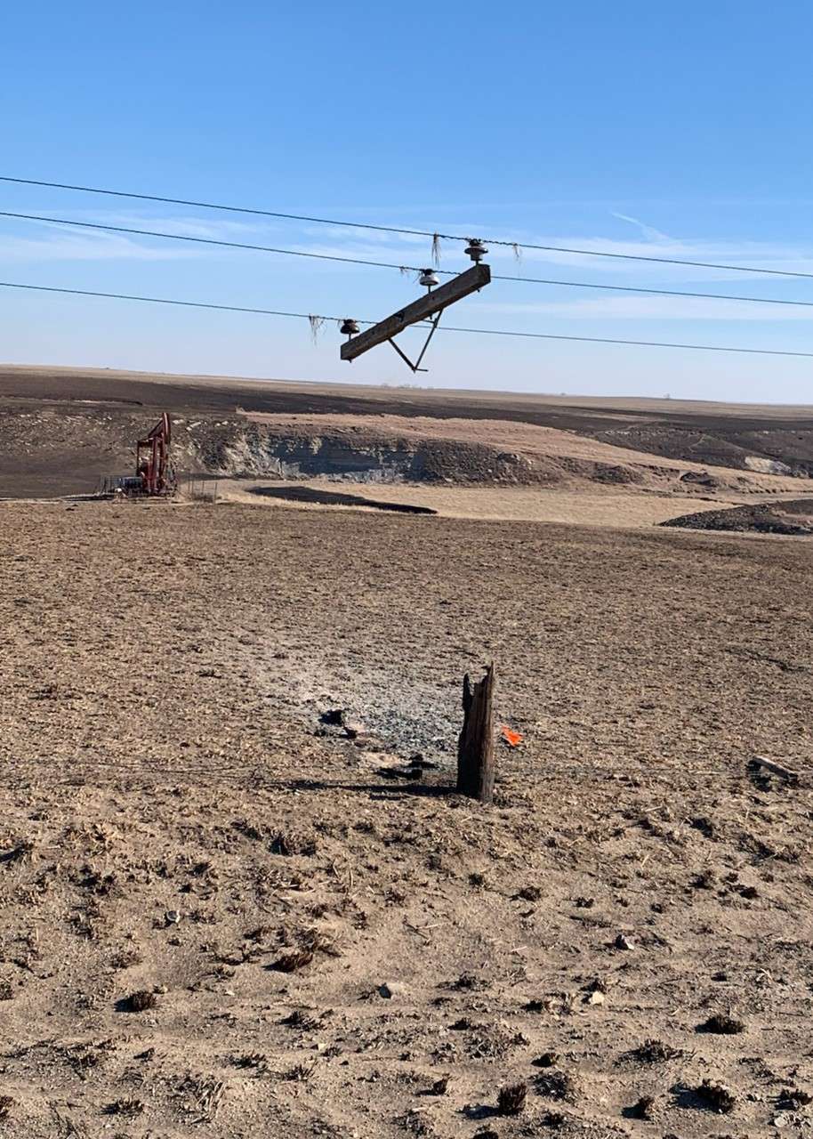 One of hundreds of poles lost in the Fairport area after wildfires swept through nearly 366,000 acres on Dec. 15 and 16. Courtesy photo.