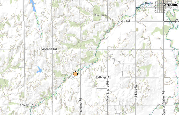 <b>The 11:47 a.m. Sunday, 2.0 magnitude quake.</b> Map courtesy Kansas Geological Survey