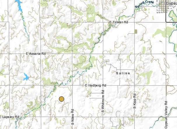 <b>The 3:58 a.m. Monday, 2.6 magnitude quake.&nbsp;</b>Map courtesy Kansas Geological Survey

