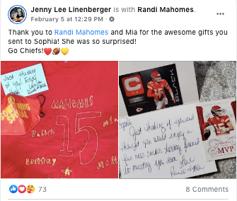 Pictures of a note and gifts Randi Mahomes and her daughter, Mia, sent to Sophia.