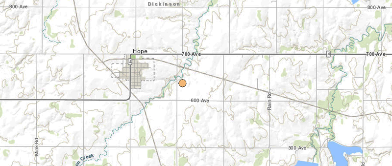 <b>This 2.5 magnitude quake rattled the area east of Hope late Monday night.</b> Map courtesy KGS