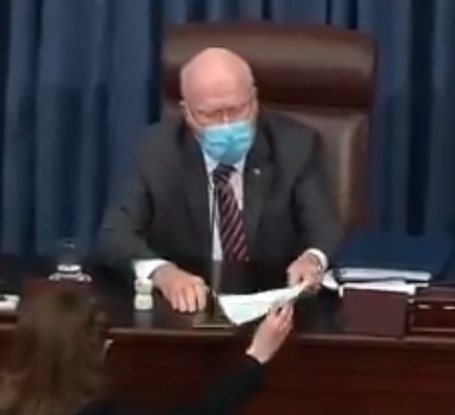 Senator Patrick Leahy presiding over the trial read the result of Tuesday's vote. GOP Senators Cassidy, Louisiana; Collins, Maine; Murkowski, Alaska; Romney, Utah; Sasse, Nebraska and Toomey, Pennsylvania voted with Democrats.
