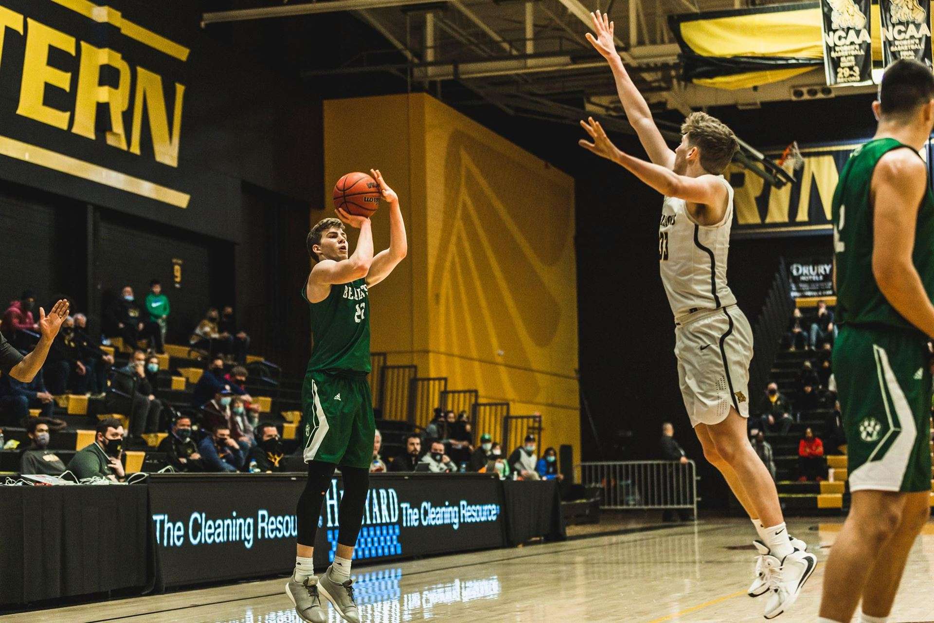 Northwest Missouri State's Mitch Mascari shoots a three-ball in the Bearcats' 79-56 win over Missouri Western in St. Joseph Tuesday. Photo via BearcatSports.com.