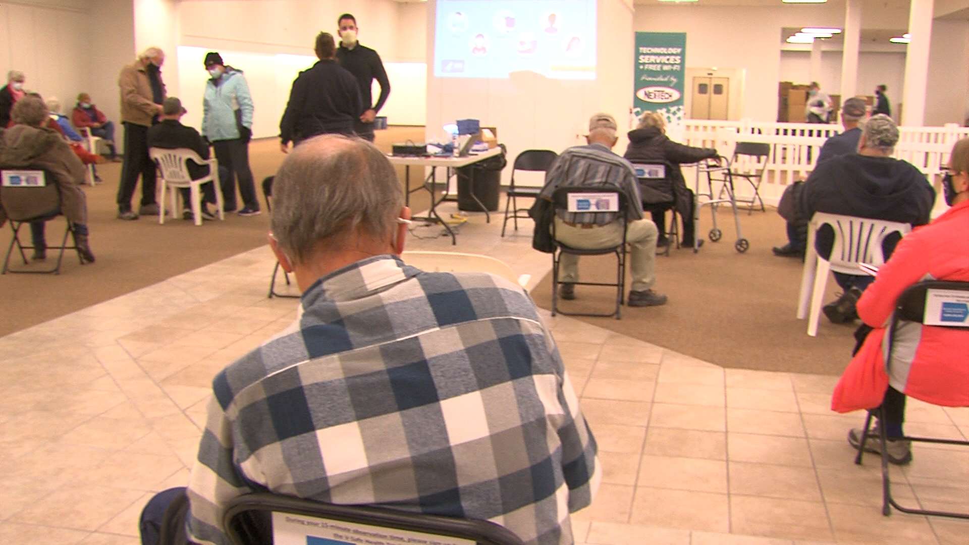 Patients are monitored for 15 minutes by Ellis County EMS after they receive their inoculation. Each person is given a pre-set timer to hold. The timers and chairs are wiped down as people leave. 