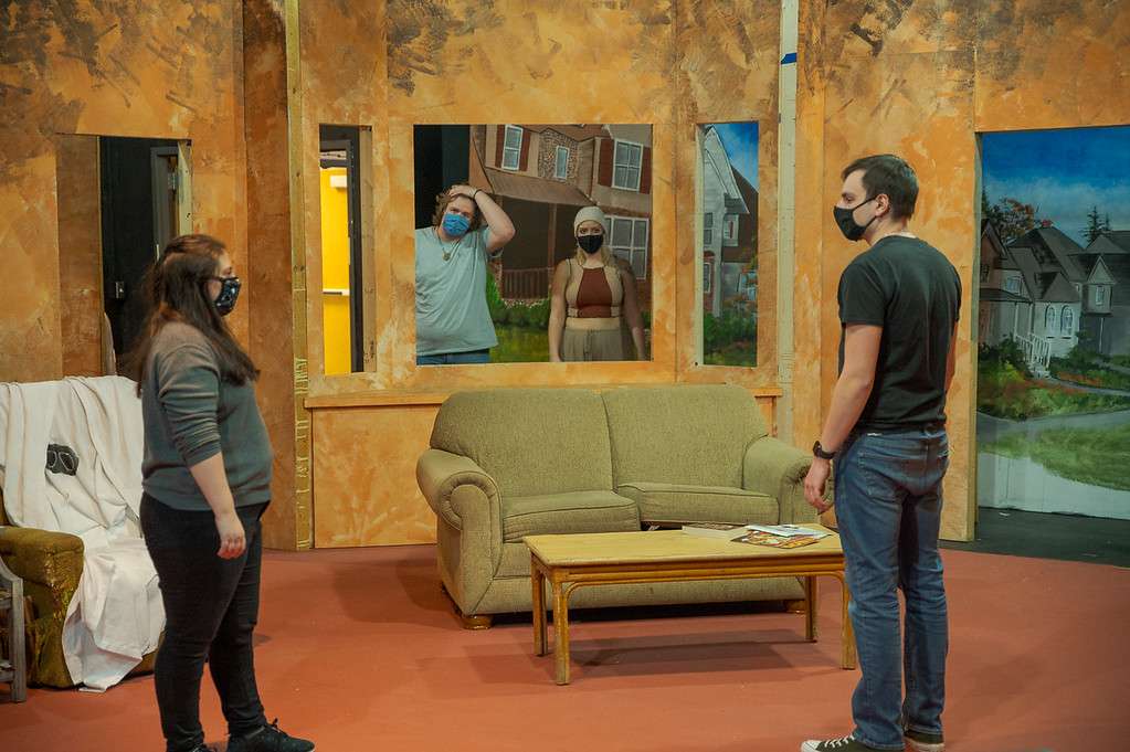 Trinity Dietrich and Zak Wellnitz, foreground, and Caleb Twite and Kiersten Luce, background, rehearse a scene in "70 Scenes of Halloween" Feb. 15, 2021, in Memorial Hall. (Photo by Daniel Binkard/Chadron State College)