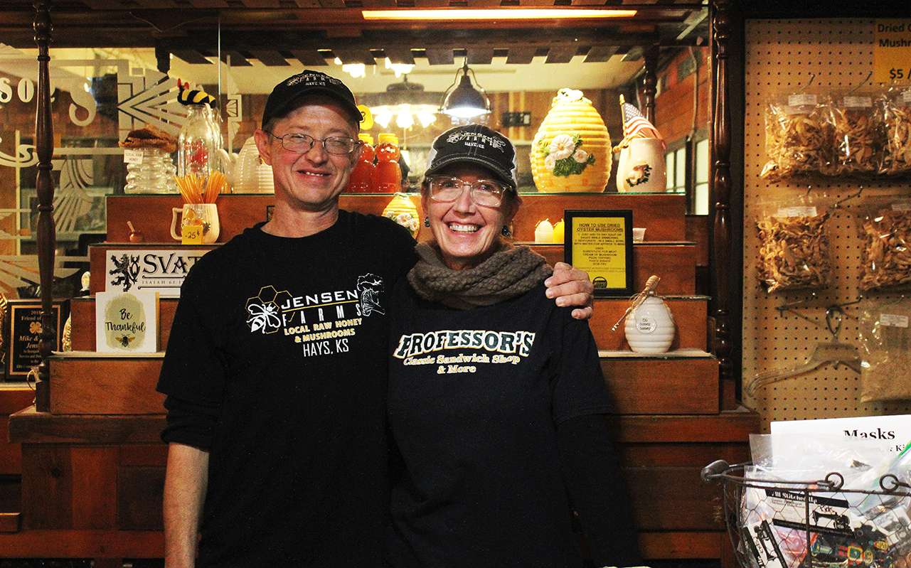 Mike and Amy Jensen at Professor's Classic Sandwich Shop. The family grows mushrooms in the building's basement, 521 E. 11th St. in Hays.