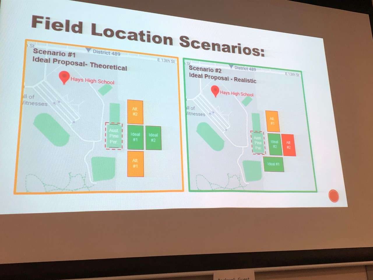 HHS soccer fields locations. The field with the red dotted line around it is the current field. The darker green and orange boxes are possible locations of the new fields.