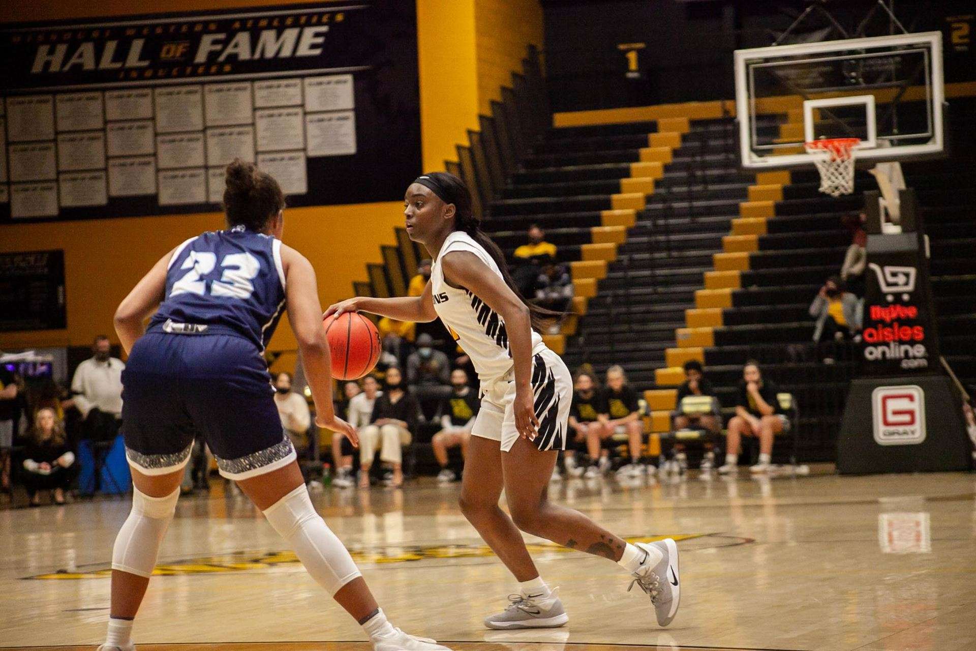 Camille Evans dribbles at the top of the key during Missouri Western's 77-69 loss to No. 5 Fort Hays State Thursday. Photo couresty of GoGriffons.com.