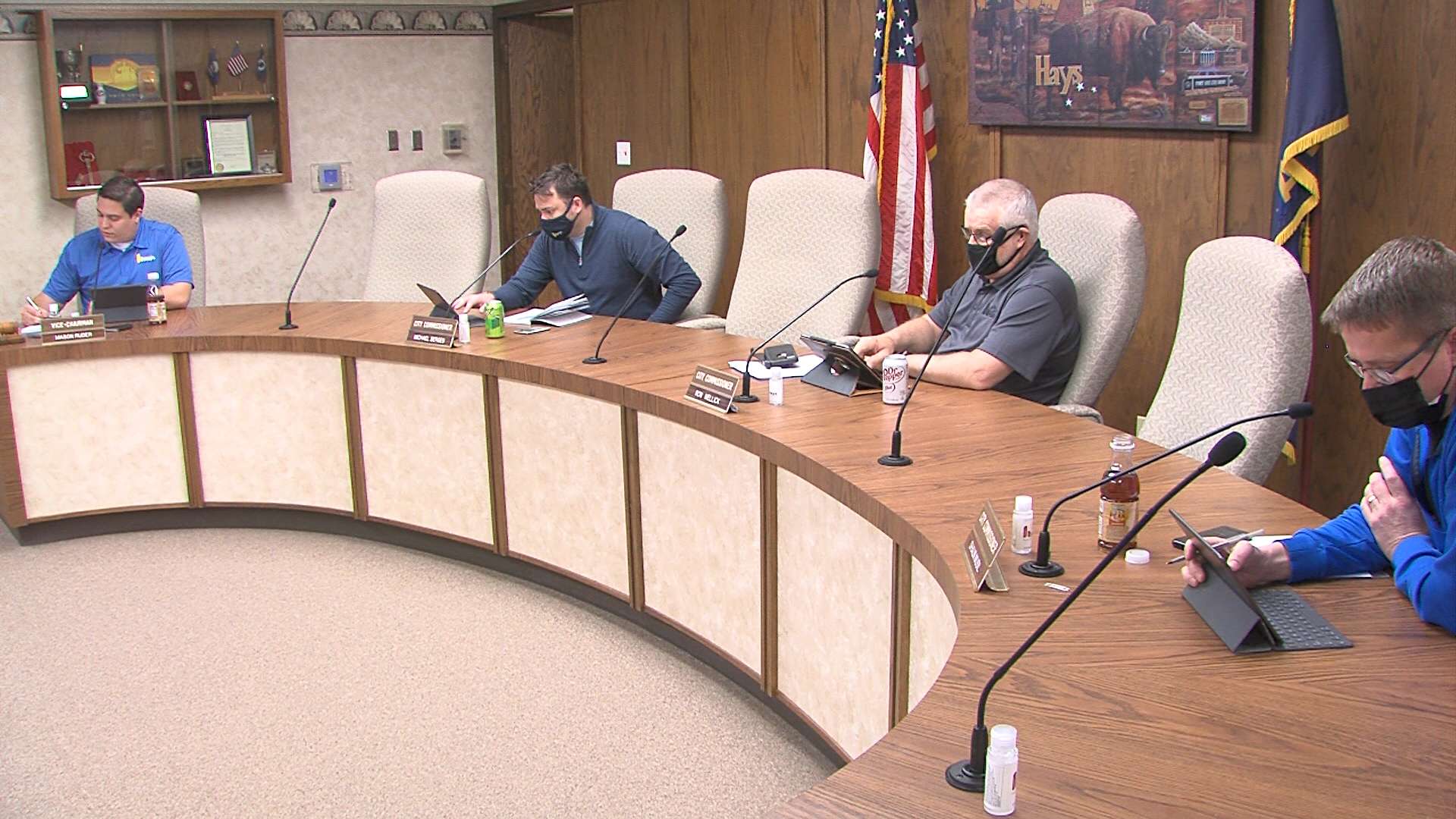 Vice-Mayor Mason Ruder and commissioners Michael Berges, Ron Mellick and Shaun Musil at the Feb. 25 Hays City Commission meeting. Mayor Sandy Jacobs was absent.