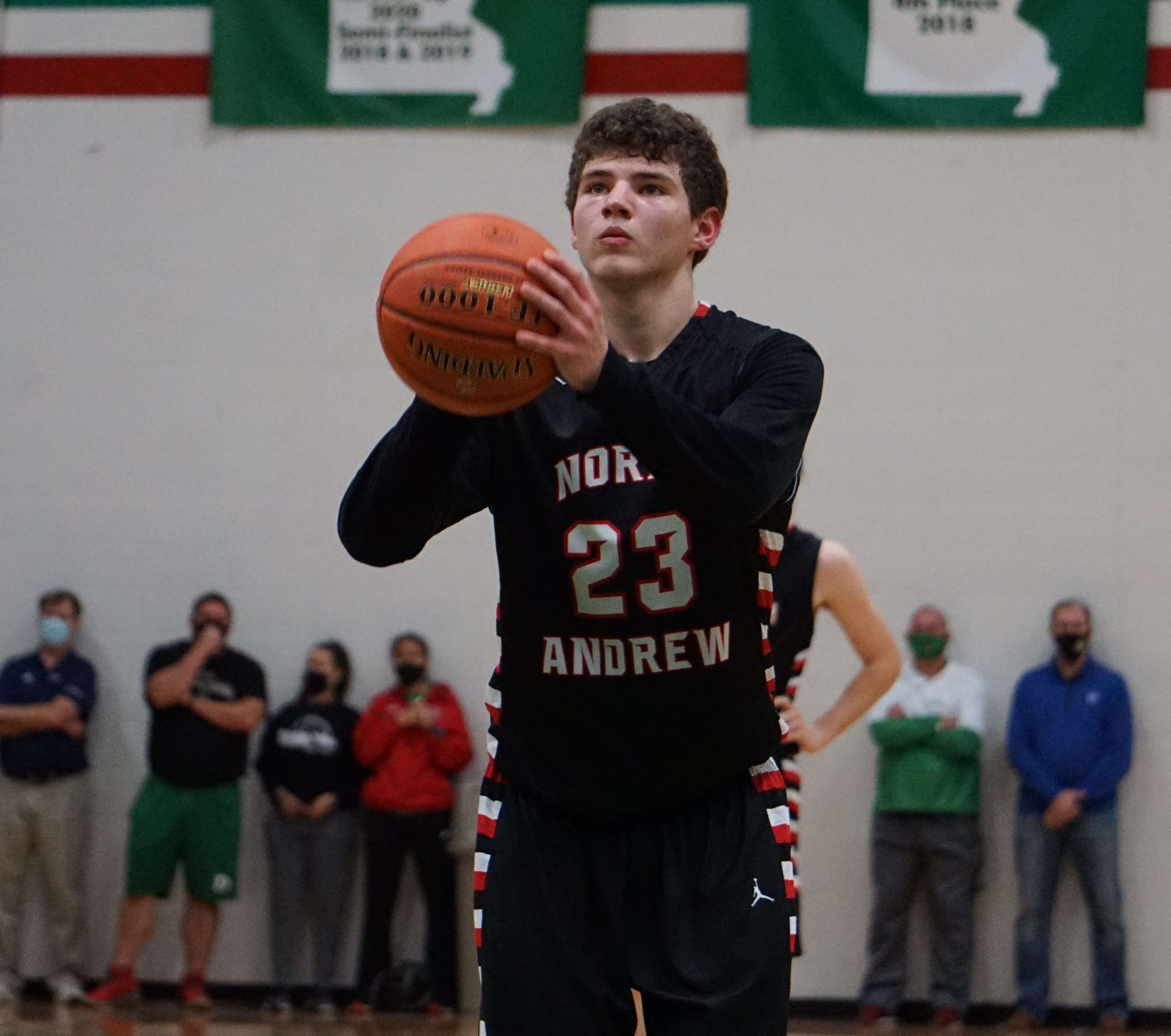 North Andrew's Brewer Wheeler lines up for crucial free throws late in the fourth quarter during the Cardinals' 48-45 win on Tuesday in Class 2 sectional playoffs. Photo by Tommy Rezac.