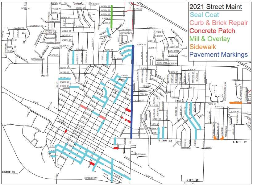 Map of street maintenance to be performed in Hays this year.