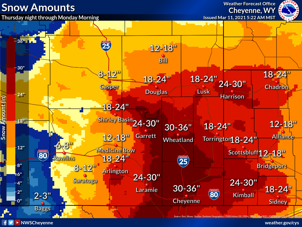 Forecast Snow Totals as of 5 AM Thursday Morning for Thursday Night to Monday Morning with most of the snow falling Saturday and Sunday.