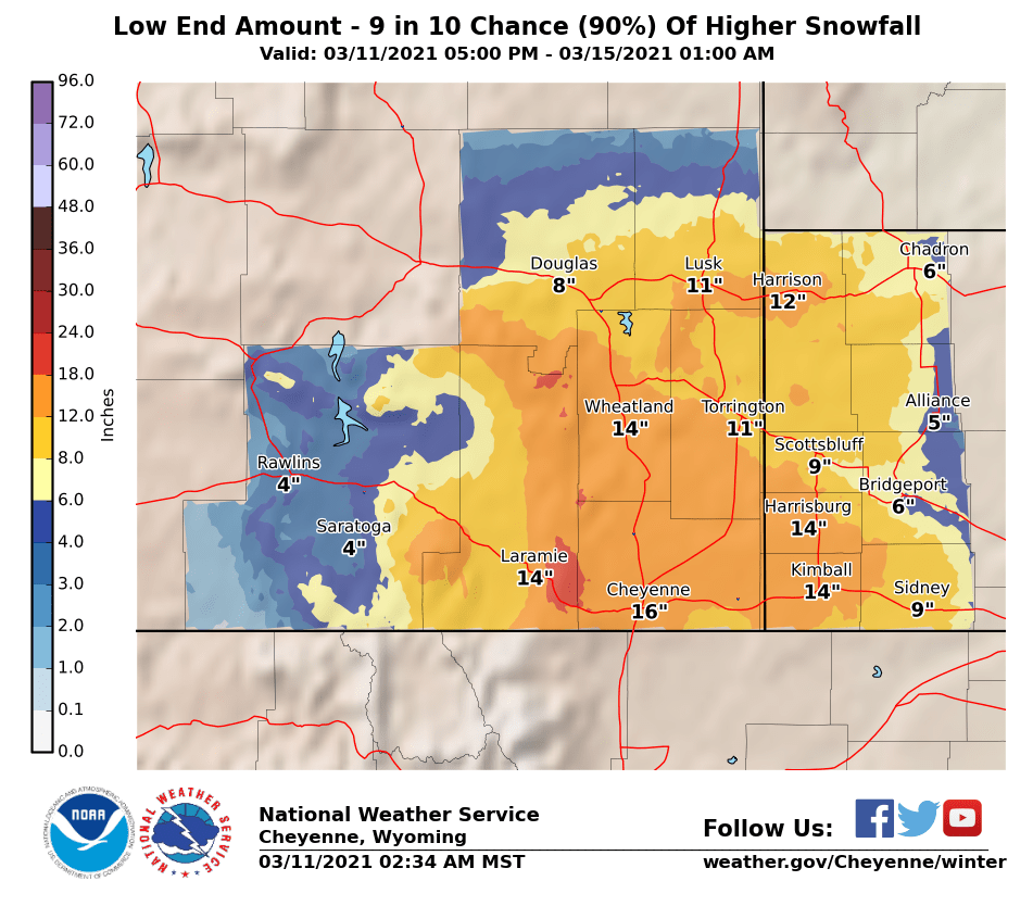Minimum Forecast Snow Totals - 9 in 10 chance of more snow falling than is shown in this image.