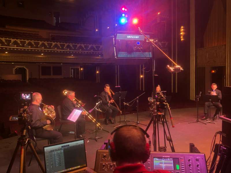 <b>The Salina Symphony Brass Quintet during a recording session for an earlier&nbsp; virtual concert.</b>&nbsp;Photo courtesy Salina Symphony&nbsp;&nbsp;
