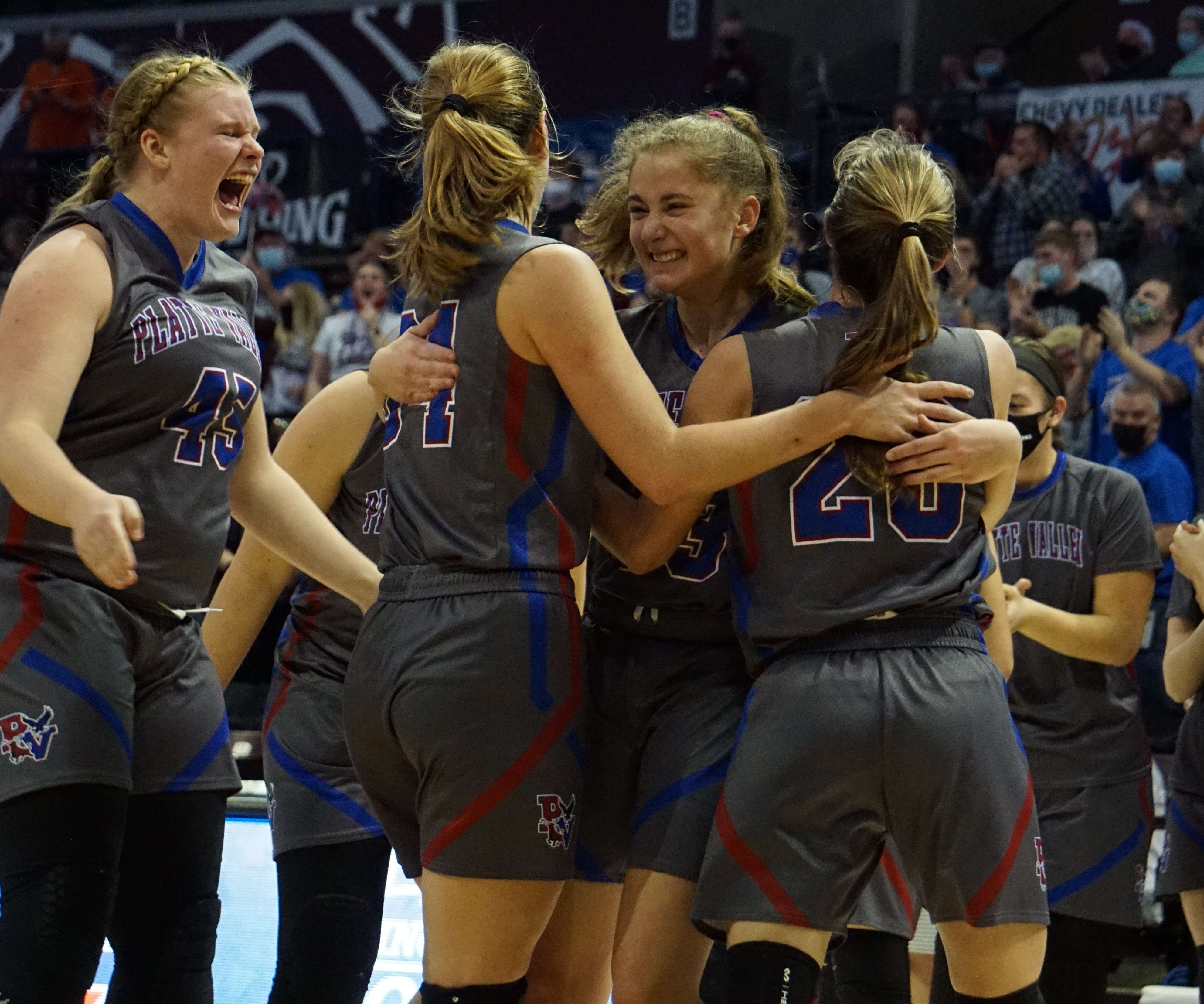 Members of the Platte Valley girls' basketball team celebrate their 49-44 win over Walnut Grove in the Class 1 Show Me Showdown semifinals at JHQ Arena in Springfield on Friday. Photo by Tommy Rezac.