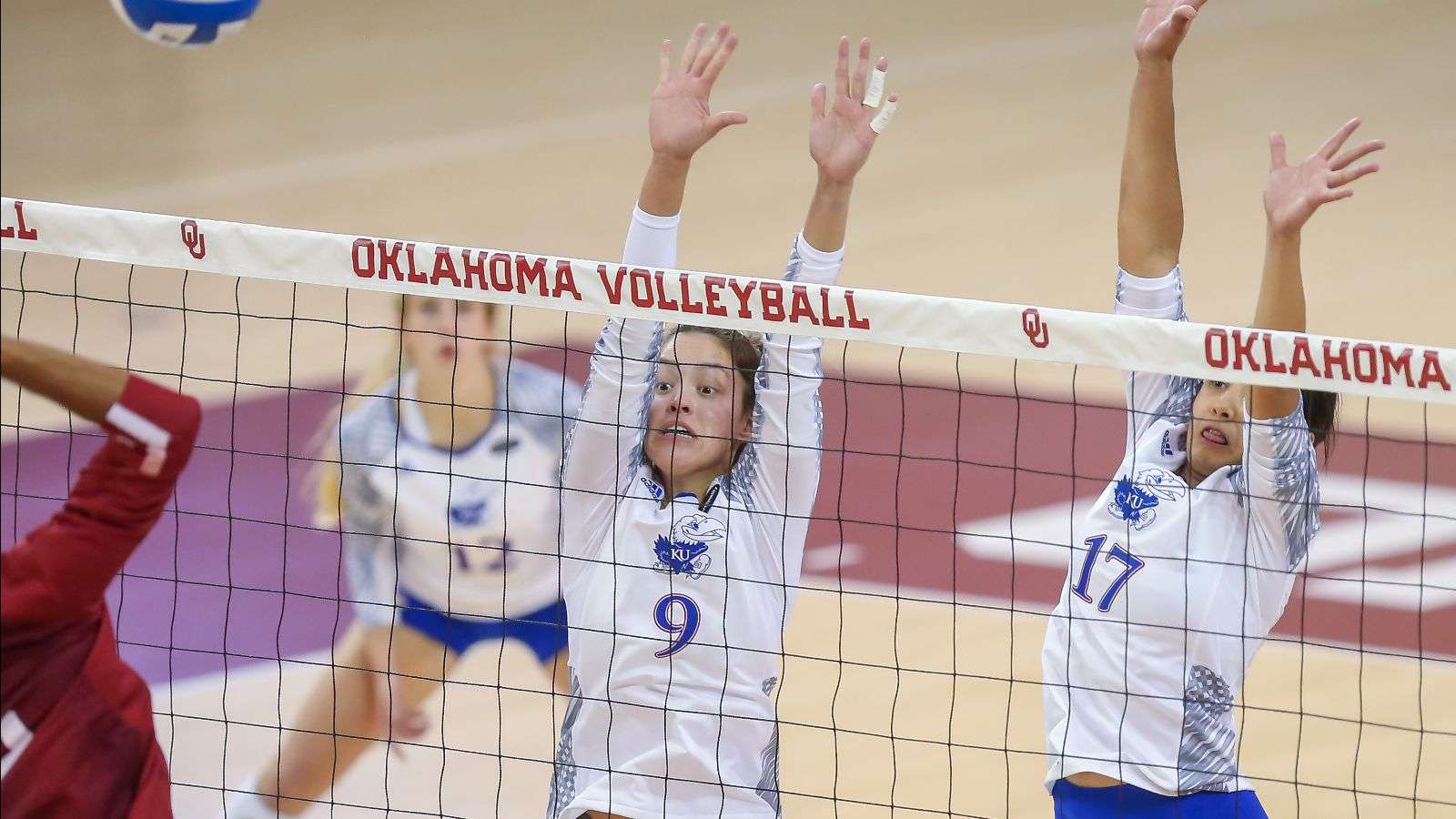 <b>KU volleyball's Caroline Crawford (No. 9)&nbsp; is the Big 12 Defensive Player of week. </b>Photo courtesy <a href="http://kuathletics.com">kuathletics.com</a>