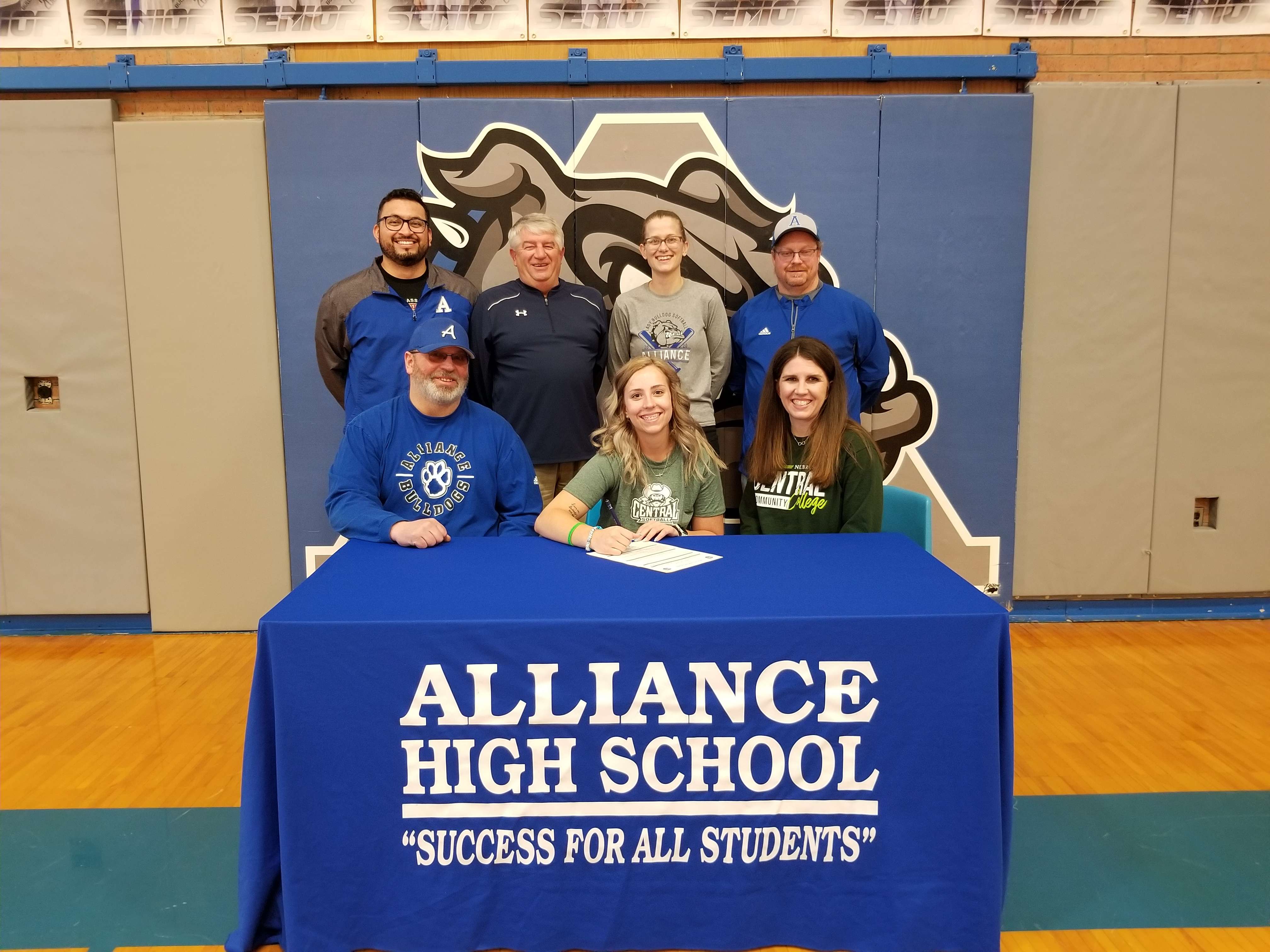 Front L-R: Justin Gibson, Payten Gibson, Candice Gibson. Back L-R: AHS Softball Coaches, Carlos Palomo, Steve Gullion, Bailey Clear, Brian Johnston