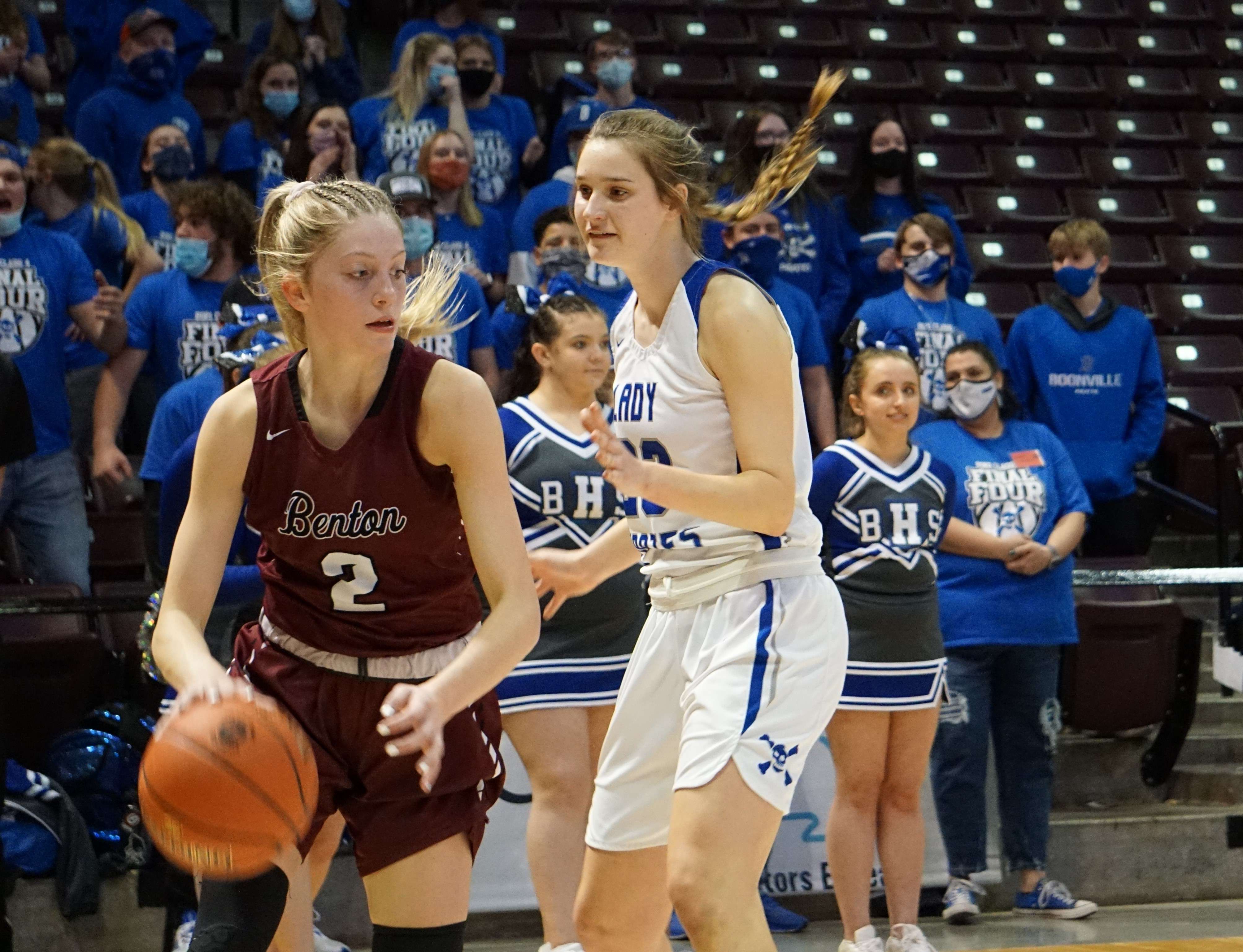 Benton's Kelsey Johnson dribbles the ball out of the corner in the first half of the Cardinals' 48-44 loss to Boonville in the Class 4 state semifinals on Friday night at JQH Arena in Springfield. Photo by Tommy Rezac.