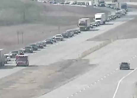 A line of vehicles exit I-70 westbound at Solomon just after 2:30p.m. Sunday -image KanDrive