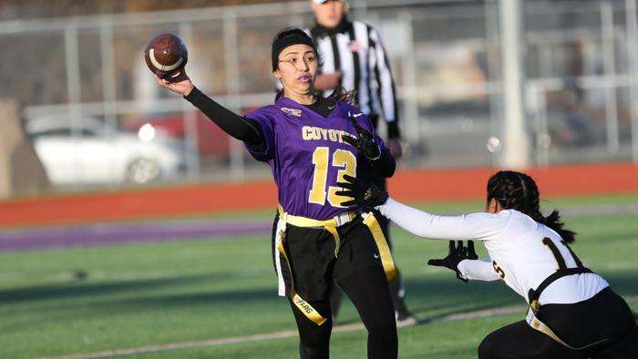 <b>KWU's quarterback Sabrina Saldate. </b>Photo courtesy <a href="http://kwucoyotes.com">kwucoyotes.com</a>