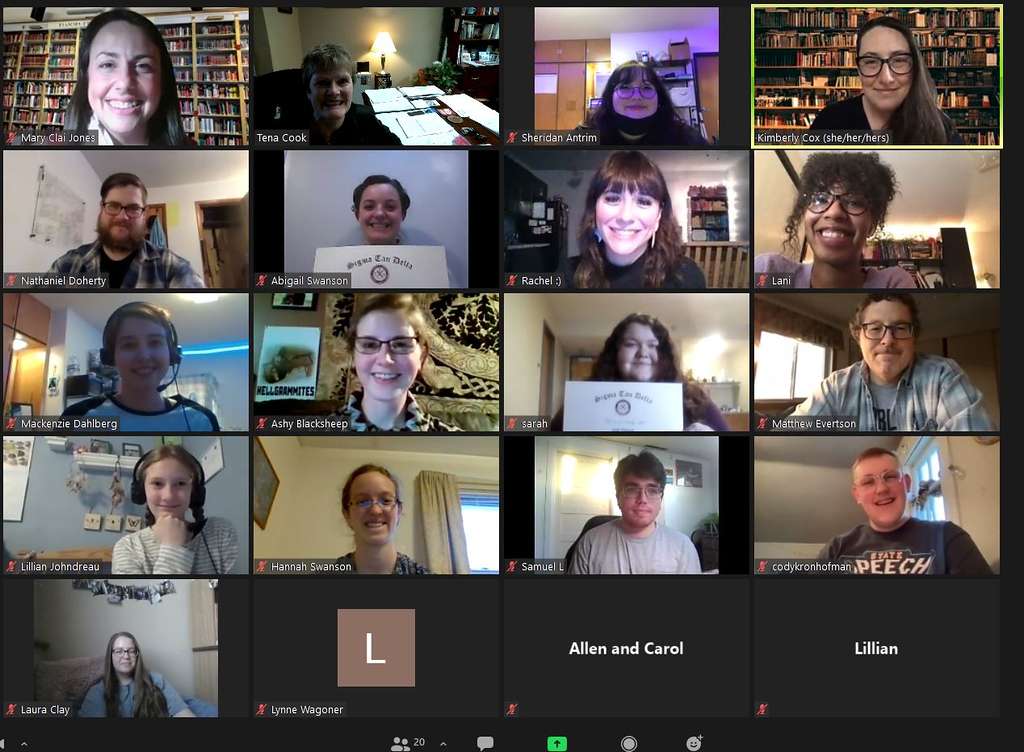 A screen capture from the Sigma Beta chapter of Sigma Tau Delta new member induction Friday, March 19, 2021. New inductees include Abigail Swanson, second row, second from left, and Sarah Wagoner, third row, third from left. An open mic followed the ceremony. (Courtesy image)