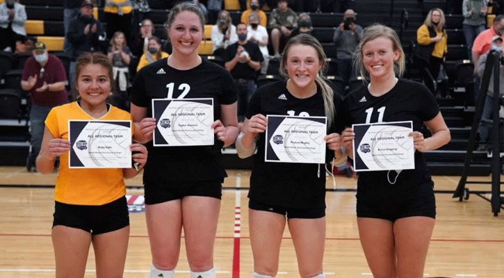 <i>North Platte Community College volleyball players Ruby Valle, Taylor Hansen, Peyton Negley and Erica Hopping, hold up their certificates for being named to the NJCAA All-Region IX Team. Their coach, Alexa McCall, was named Region IX Division II Coach of the Year.</i>