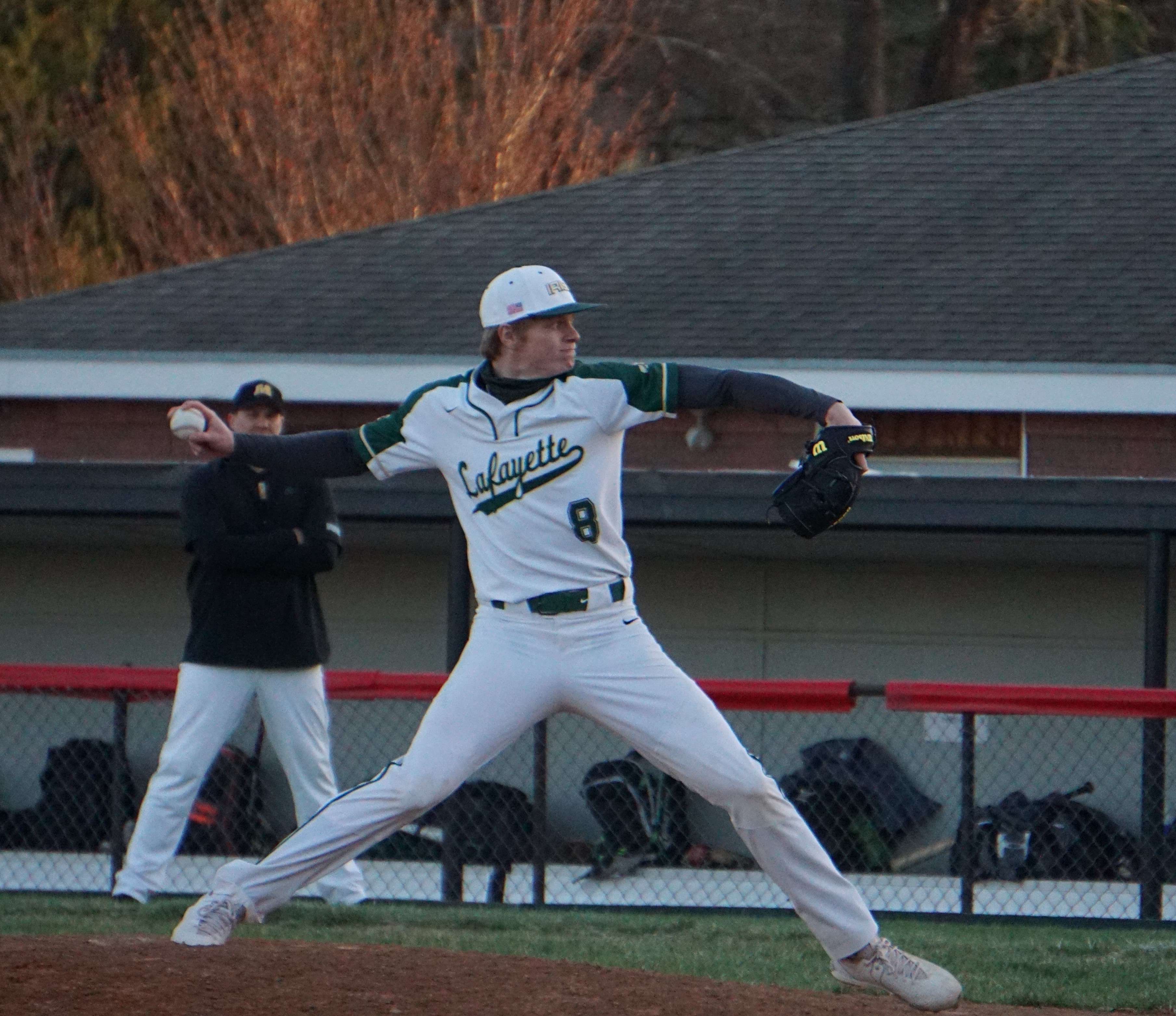 Lafayette senior Jayden Little on the mound for the Irish in Lafayette's 10-4 win over Maryville Thursday. Little struck out seven, walked only one and surrendered only one hit in six innings of work./ Photo by Tommy Rezac.