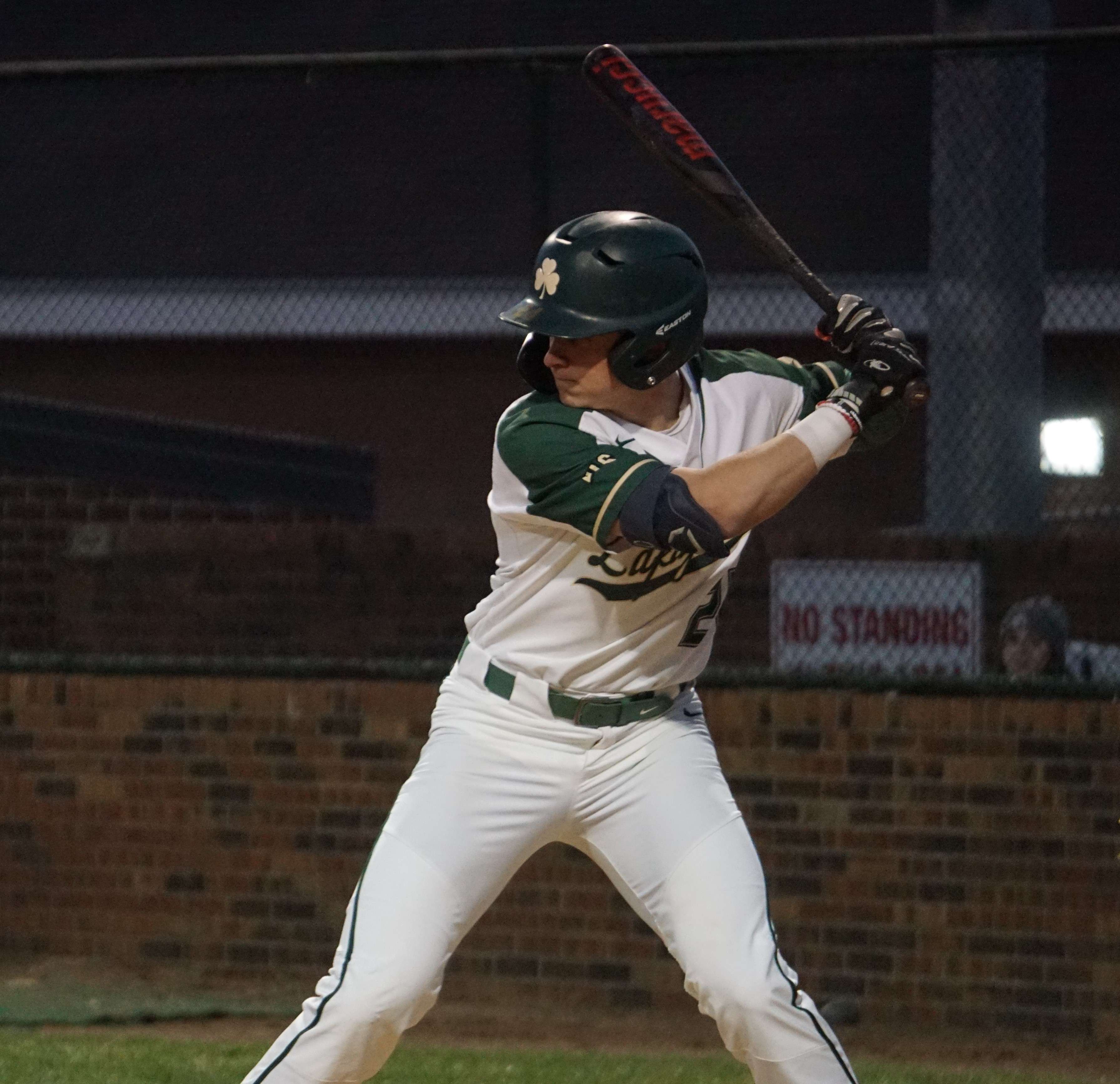 Lafayette's Brayden Luikart (24) at the plate during the Irish's 10-4 win over Maryville. The Oklahoma baseball commit went one of 1-of-3 at the plate, reached and scored on an error in the sixth, and scored two total runs and also drove in two more Thursday./ Photo by Tommy Rezac.