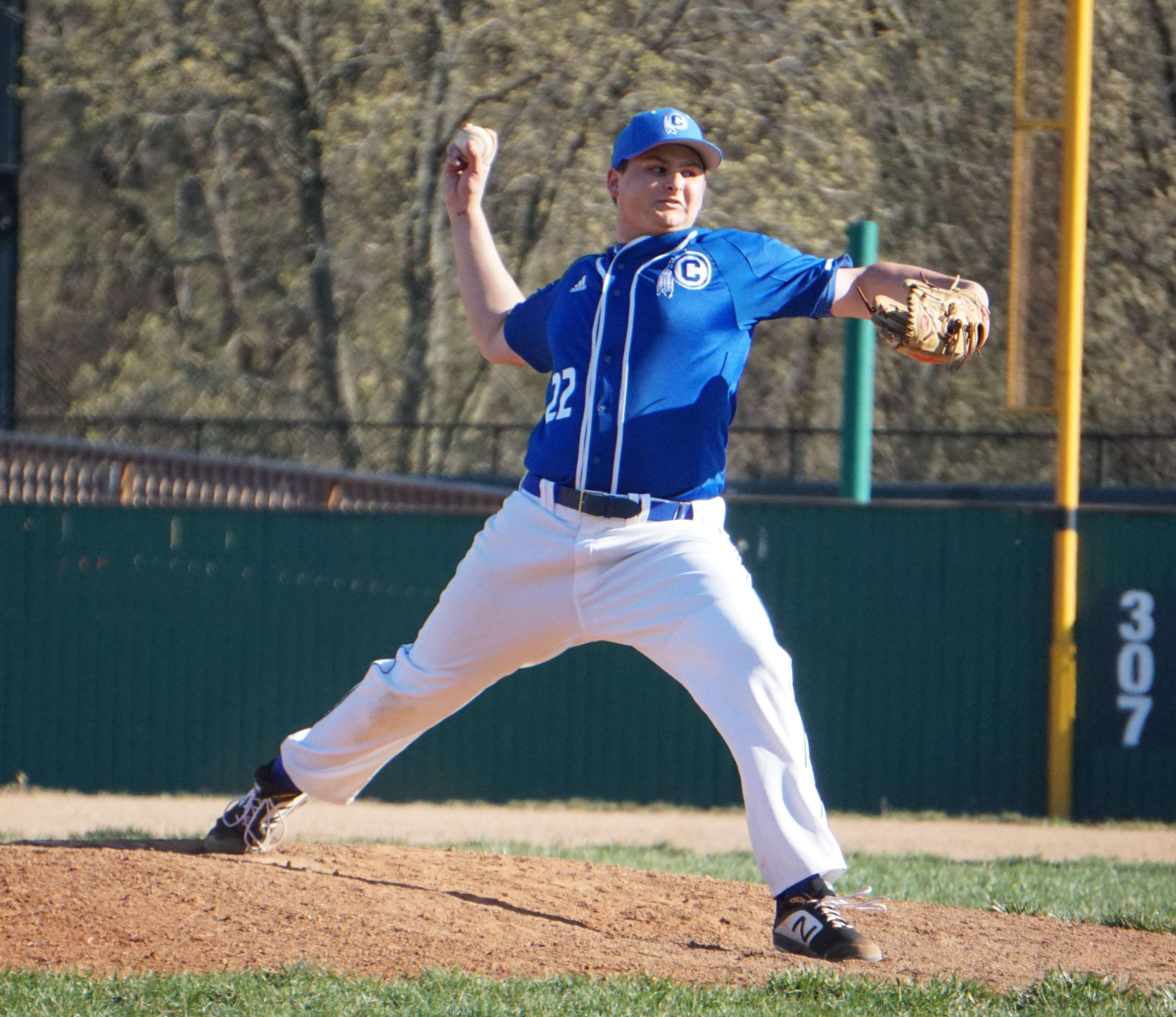 St. Joseph Central's Connor Bell pitches in relief during Thursday's game against Park Hill./ Photo by Tommy Rezac.