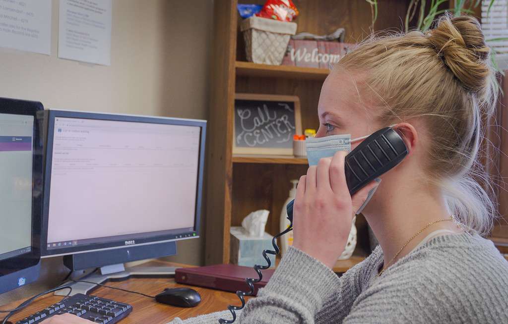 Student Sarah Reish works in the Chadron State College Call Center in Crites Hall, March 31, 2021. (Photo by Abigail Swanson/Chadron State College)