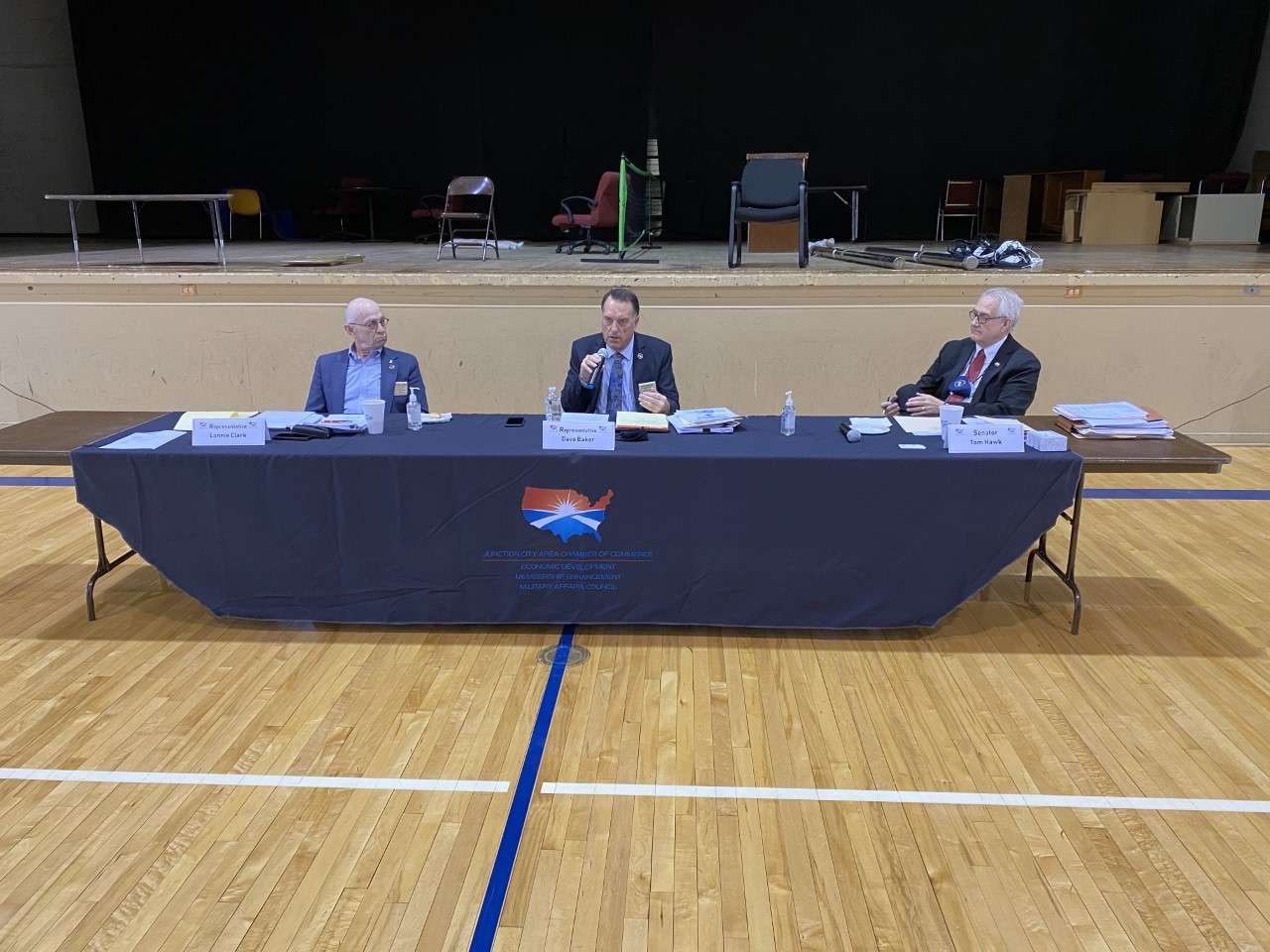 ( L-R ) State legislators Lonnie Clark, Dave Baker and Tom Hawk participated in a legislative coffee sponsored by the Junction City Area Chamber of Commerce.