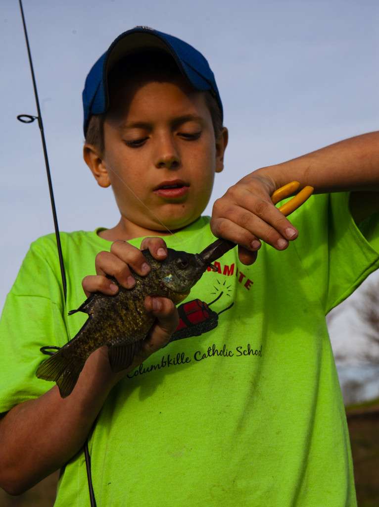 A boy uses a pliers to remove a hook from a bluegill. Several other varieties of hook-removal tools also are available.(Nebraskaland Magazine/NGPC)