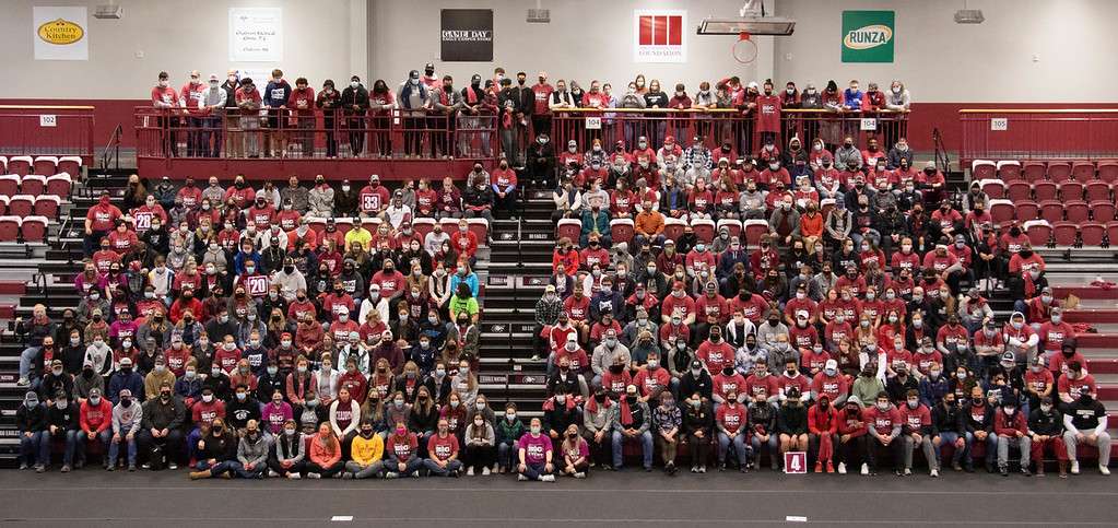 About 400 Chadron State College student and employee volunteers pose for a group photo at the ninth annual The Big Event April 17, 2021. (Tena L. Cook/Chadron State College)<br>