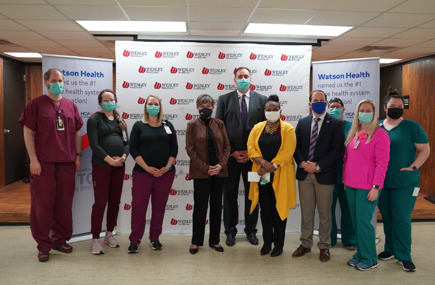 Governor Laura Kelly; Senator Oletha Faust-Goudeau; Wichita Mayor Brandon Whipple; Bill Voloch, President and Chief Executive Officer at Wesley Medical Center; Kolbe Sheridan, COO at Wesley Medical Center; Nicole Castleberry, CFO at Wesley Medical Center.