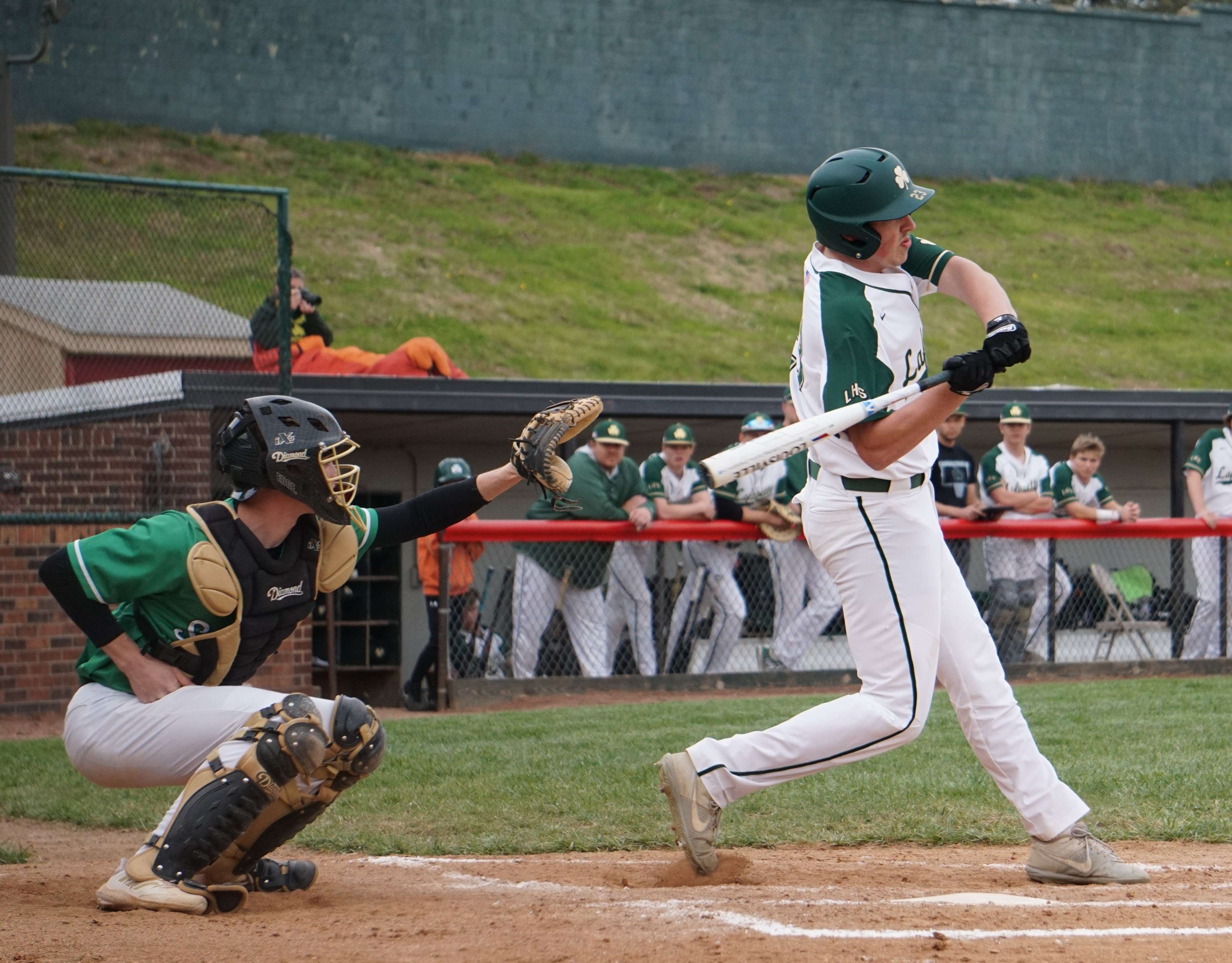 Lafayette's Zach Langley (right) hit an RBI double in the fourth inning of the Irish's 17-4 loss to Smithville Thursday. Photo by Tommy Rezac.