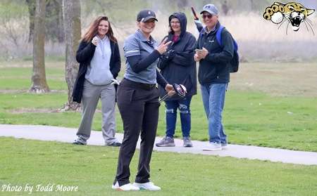 Barton's Paige Barnes celebrates a birdie on No. 11 in Friday's opening round of the Region VI Tournament (Photo-Barton Sports)
