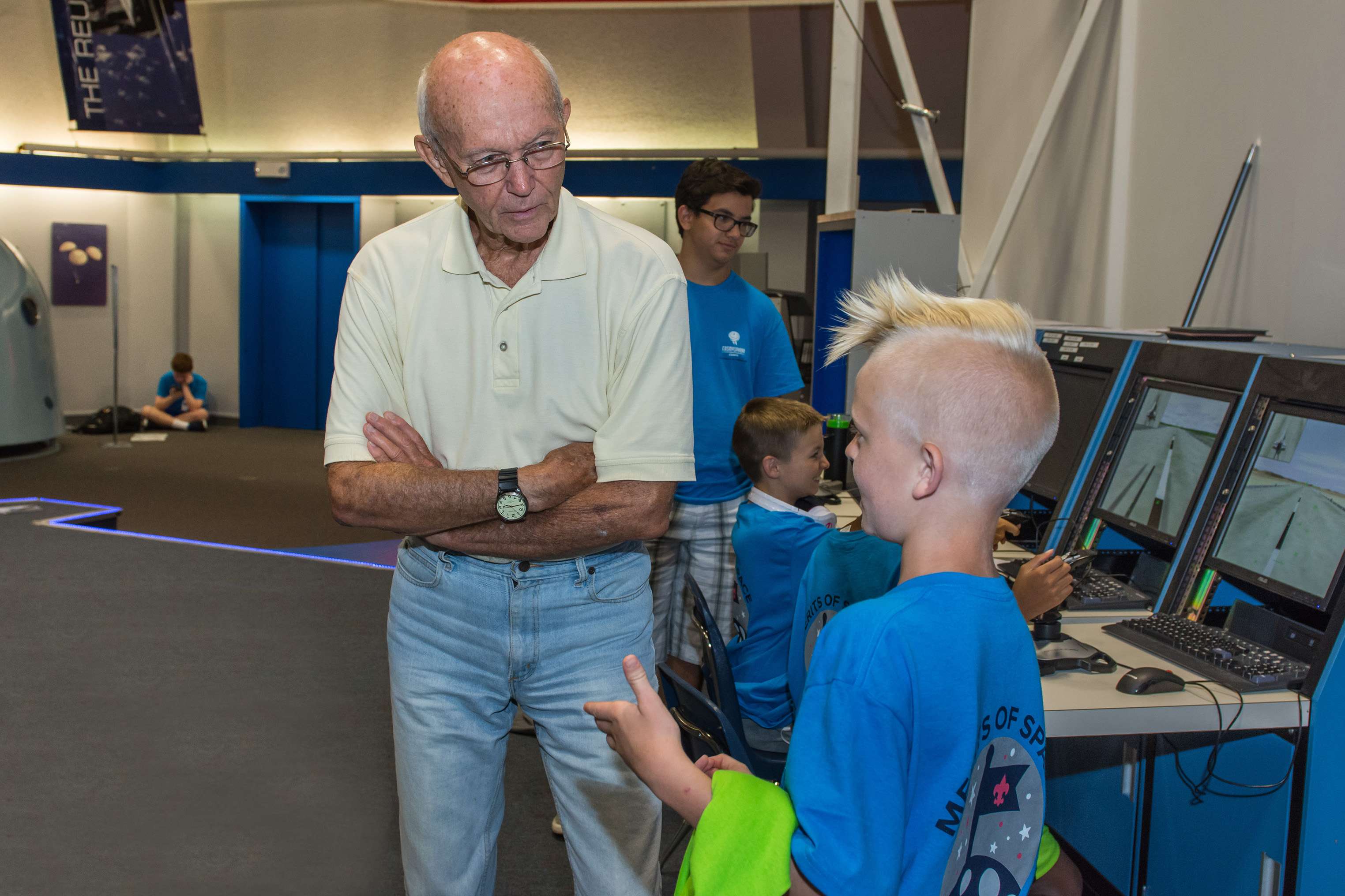 Gemini 10 and Apollo 11 Astronaut Michael Collins chats with youth during a visit to the space museum in 2016. Collins was on hand to celebrate the 50th anniversary of the&nbsp; Gemini 10 space mission that he flew with John Young in 1966.
